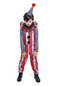 Fantasia Palhacinho Assustador Infantil Pierrot  Zumbi Menino Circo Macabro Halloween Dia das Bruxas Noites do Terror Carnaval