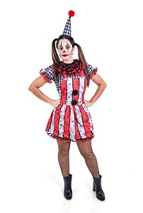 Fantasia Palhaça Assustadora Adulto Vestido Colombina Zumbi Circo Macabro Halloween Dia das Bruxas Noites do Terror Carnaval Zumbi