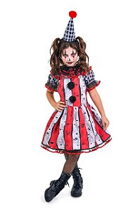 Fantasia Palhacinha Assustadora Infantil Colombina Zumbi Menina Circo Macabro Halloween Dia das Bruxas Noites do Terror Carnaval