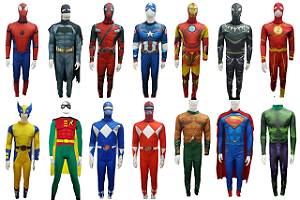Fantasia Adulto Macacão Longo Super Herói Personagem Vingadores Liga da Justiça Cosplay Recreação Animação de Festa de Aniversário Dia das Crianças Carnaval Bloquinho