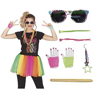 Kit Acessórios Fantasia Anos 80 Neon Festa Retrô Flash Back Anos 90 Fluorescente Colorido Balada