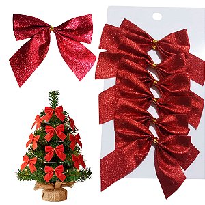 Laço de Natal Vermelho com Brilho Lacinho Decoração para Árvore de Natal com Glitter Enfeite para Mesa Ceia Noite Natalina