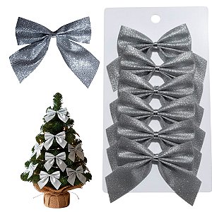 Laço de Natal Prata com Brilho Lacinho Decoração para Árvore de Natal com Glitter Enfeite para Mesa Ceia Noite Natalina