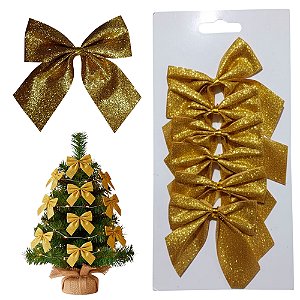 Laço de Natal Dourado com Brilho Lacinho Decoração para Árvore de Natal com Glitter Enfeite para Mesa Ceia Noite Natalina