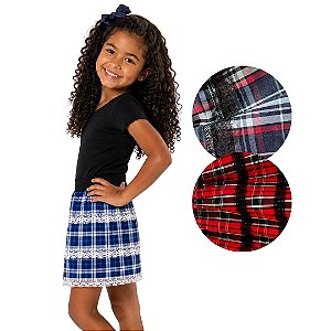 Saia Junina Xadrez Infantil com Renda Fantasia Arraiá Roupa Caipira Feminina Festa Junina Quadrilha São João Festa Julina