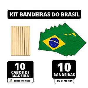 Kit 10 Bandeira do Brasil c/ Cabo Flâmula Haste Torcida Copa do Mundo Jogos Olímpicos Desfile 7 de Setembro Festa Nações