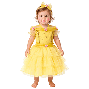 Fantasia Princesa A Bela e A Fera Bebê Vestido Amarelo Princesinha Luxo Festa de Aniversário Presente Dia das Crianças Menina Baile Carnaval