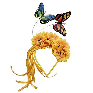 Tiara Carnaval Girassol com Borboletas Arco Luxo Bloquinho Arquinho Folia Micareta Bloco de Rua Fantasia Desfile Escolas Samba