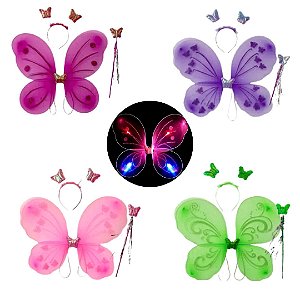 Kit Asa de Borboleta com Led Asinha de Fada Infantil com Tiara e Varinha Brilha no Escuro Fantasia Festa Carnaval Dia das Crianças Presente Menina