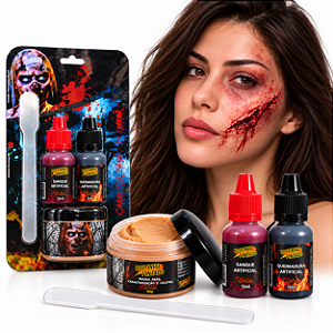 Kit Maquiagem Terror Cicatriz Sangue Falso Queimadura Efeitos Especiais Halloween Cosplay Teatro Paixão de Cristo Caracterização Zumbi Feridas Maquiagem Artística