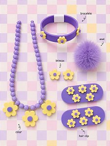 Kit Acessórios Flor lilás e amarelo