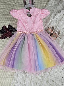 Vestido de Festa Infantil Colorido Unicórnio Arco Iris circo- Cod: 2117 (1 ao 2)