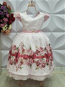 Vestido Festa Infantil Menina Off White Floral Rosa ( 4 ao 12)   Cod: 2844
