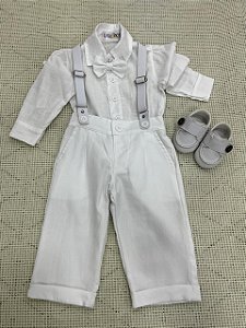 Conjunto Social Infantil Menino Branco Suspensório - Cod: 1036