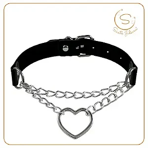 Coleira Gargantilha Enforcadora Choker Com Tiras de Metal E Pingente De Coração