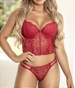 Conjunto Lingerie Cropped Rendado Com Tule Vermelho