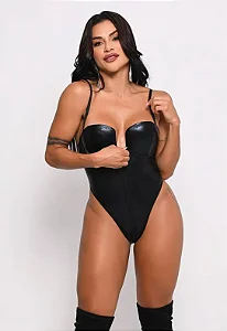 Body De Lycra Metalizada Preto Com Zíper Frontal