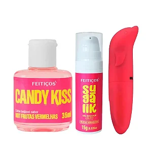 Kit Com Candy Kiss Hot Calda Beijável Sugalik Sugador Líquido Comestível e Vibrador Ponto G Golfinho