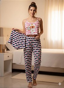 Trio de Pijamas Amor – Cropped + Calça + Shorts Azul Marinho Corações