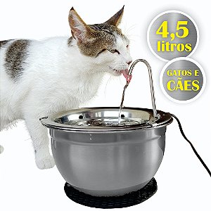 Bebedouro Fonte Inox 4,5 Litros com Tapete + Filtro de Carvão Ativado (BiVolt) para Gatos e Cães - Gato é Vida®