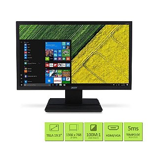 Monitor Acer LCD V206HQL - Widescreen 19.5´ VGA,5 ms HD HDCP VESA Bivolt Preto