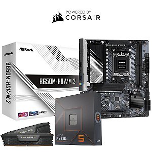 Kit Upgrade AMD Ryzen 5 7600 + Placa Mãe ASRock B650M-HDV/M2 DDR5 AM5 MATX + Memória Corsair Vengeance 32GB(2x16GB) DDR5 5600Mhz