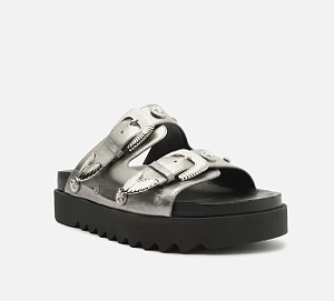 Sandália Papete Arezzo Prata Couro Flatform Fivelas Metais