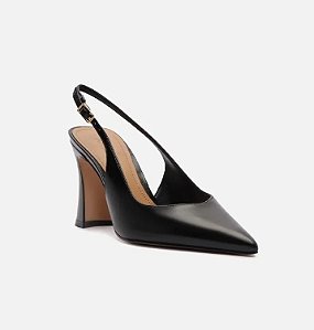 Scarpin Preto Couro Salto Alto Flare Slingback