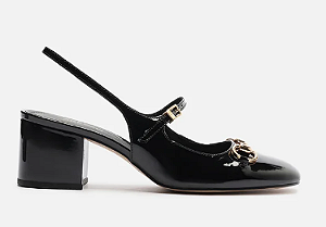 Sapato Arezzo Boneca Preto Verniz Bloco Slingback