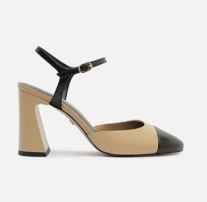 Scarpin Multineutro Couro Salto Bloco Fivela Slingback Cap Toe Preto