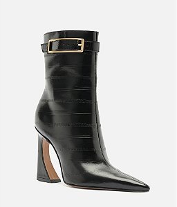 Bota Arezzo Preta Couro Cano Médio Salto Flare Fivela