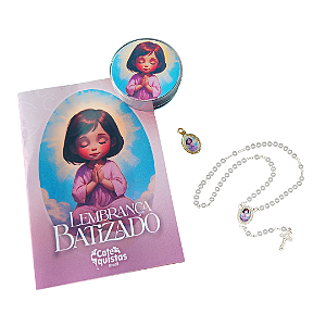 Lembrança de Batizado Menina - Kit Terço, medalha e cartão