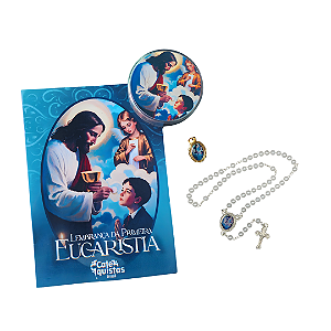Lembrança de Primeira Eucaristia - Kit Terço, medalha e cartão