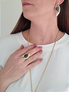 Conjunto Colar e Brincos Sodalita Banho Ouro 18K – Sabedoria, Direcionamento e Discernimento