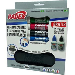 KIT PINCEL QUADRO BRANCO 4 MARCADORES+1 APAGADOR+2TINTA RADEX