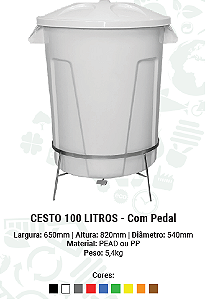 CESTO DE LIXO REDONDO 100L C/ TAMPA C/ PEDAL METÁLICO - LAR PLÁSTICOS