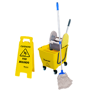 KIT 01 - BALDE ESPREMEDOR DOBLO AMARELO, COM MOP UMIDO COMPLETO - BRALIMPIA