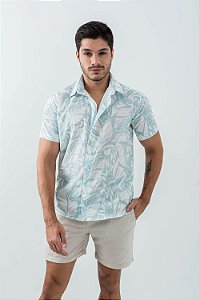 Camisa Social Masculino Manga Curta Linho Estampado