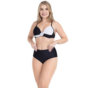 Biquíni Feminino Transpassado Flor Bicolor Calcinha Cós Alto