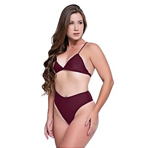 Bikini Top Alça Fina Com Bojo Fio Dental Feminina Cós Alto