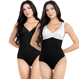 Kit 2 Peças Maiô Body Efeito Chapa Barriga Feminino Com Bojo Transpassad