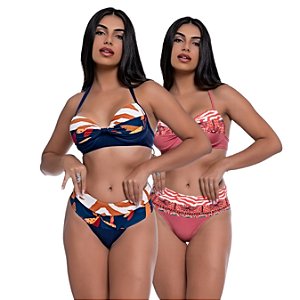 Kit 2 Biquini Feminino Bojo Meia Taça Estampa Dupla Cós Alto