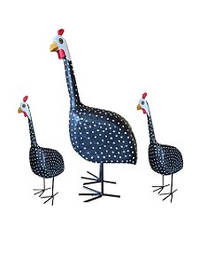 Família Galinhas d’Angola de Madeira Pintada à Mão – 1 Grande + 2 Pequenas