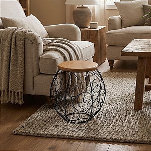 Banco Banqueta Tamborete Arabesco Baixo Madeira Ferro Luxo Cromado Preto