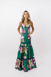 Vestido Agilitá Longo Verde Flores Alça