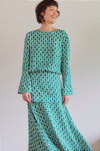 Conjunto Andrea Marques Saia Midi + Blusa Estampada Verde