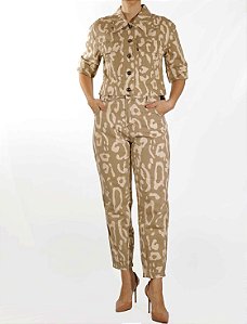 Conjunto Marfino Calça + Blusa Estampa Onça Bege Brim