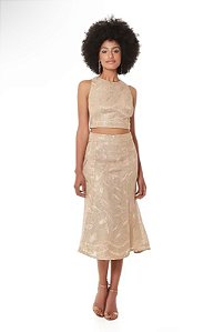 Conjunto TVZ Saia Midi + Cropped Babado Tela e Bordado Nude