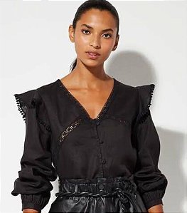 Blusa Manga Comprida Le Lis Blanc Preta Linho