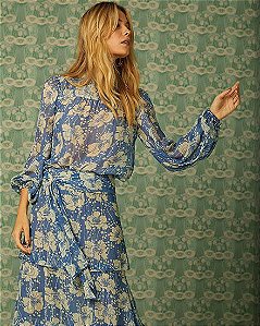 Conjunto Ateen Azul Flores Saia Camadas + Blusa Manga Longa e Gola